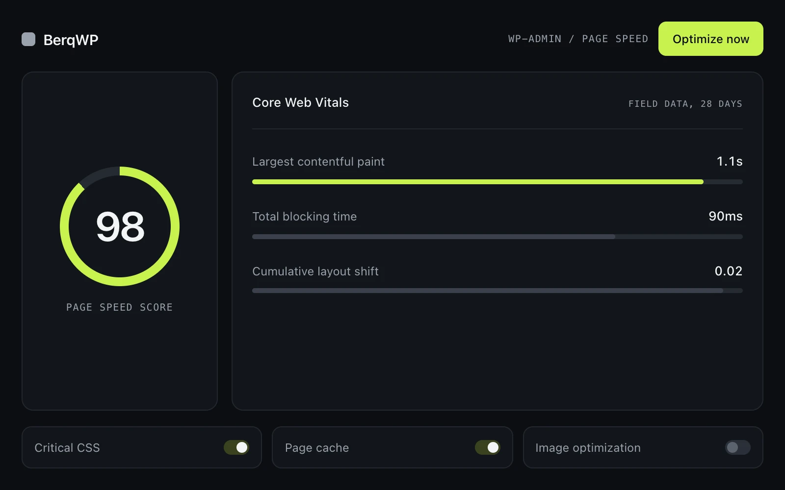 BerqWP dashboard showing a page speed score of 98 and Core Web Vitals metrics