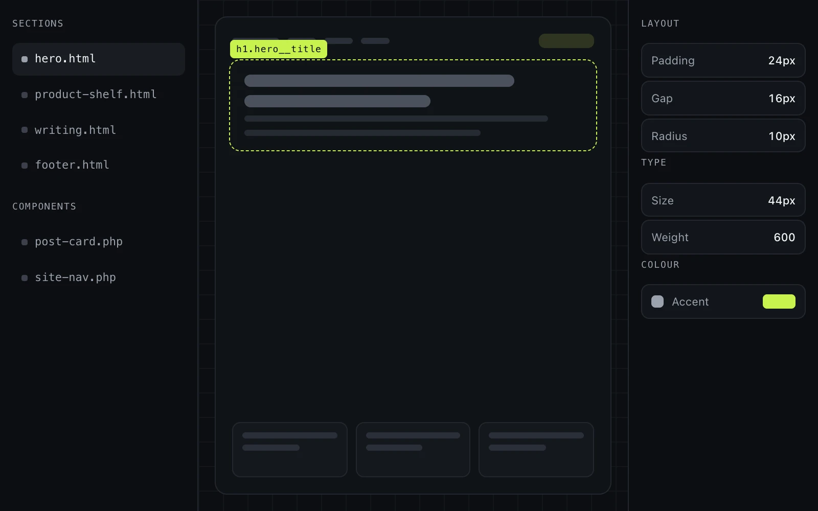 CanvoWP builder canvas editing a hero section with live CSS properties