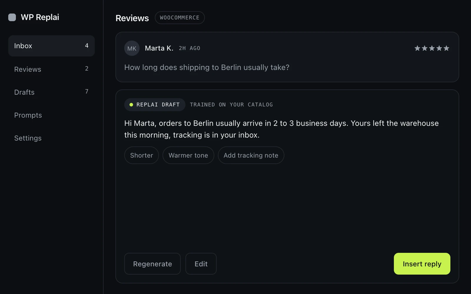 WP Replai panel drafting a reply to a customer review inside WordPress